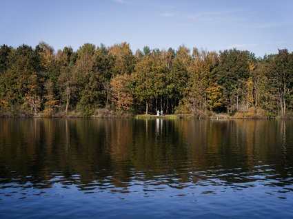 News vom Hotel direkt am See in NRW Ein Paar hält Händchen an einem See vor herbstlichen Bäumen