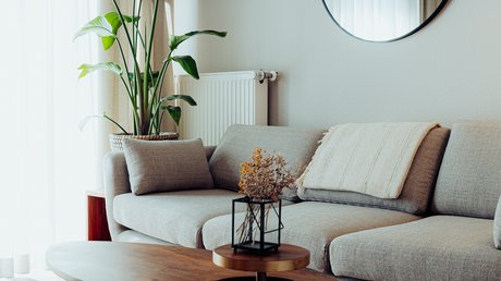 Appartementhotel Seeblick: Bildergalerie Gemütliches Wohnzimmer mit Sofa, Holz-Couchtisch, großem Spiegel und Pflanzen