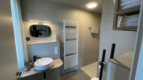 Appartementhotel Seeblick: Bildergalerie Moderne badkamer met wastafel, spiegel, handdoekradiator en planken met handdoeken