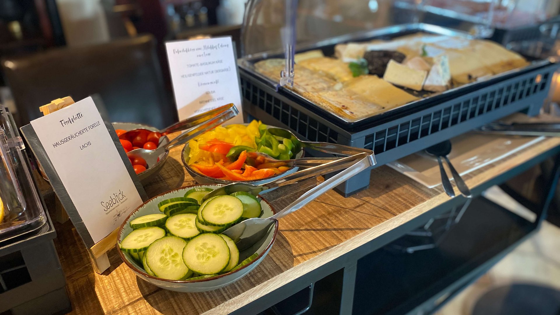 Breakfast at our restaurant Seeblick in Gronau Buffet with fresh vegetables, cheese, and house-smoked fish