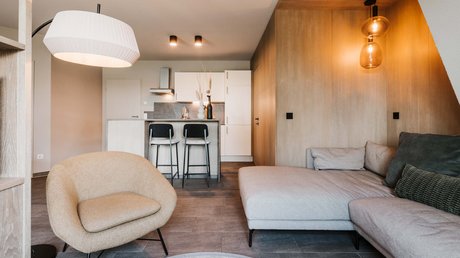 Appartementhotel Seeblick: Bildergalerie Modernes Wohnzimmer mit beigem Sessel, grauer Couch und Küche im Hintergrund