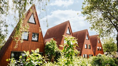 Appartementhotel Seeblick: Bildergalerie Reihe von spitzen Holzhäusern umgeben von grünen Pflanzen und Bäumen