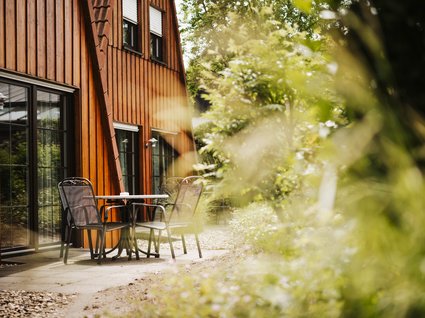 Seeblick: Ferienwohnungen Gronau Metallstühle und Tisch auf Terrasse neben Holzhaus mit Garten