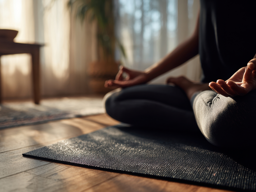 Strand Yoga am Dreiländersee in Gronau Person sitzt im Lotussitz und meditiert auf Yoga-Matte im Wohnzimmer