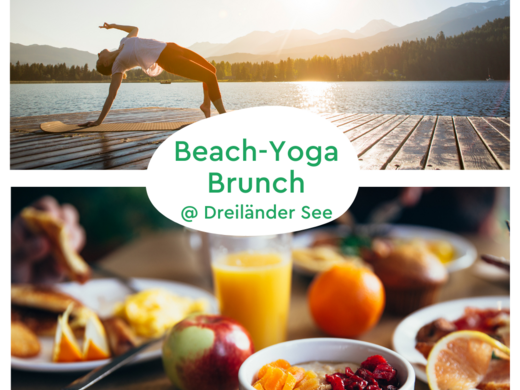 Seeblick: Urlaub am See in NRW Frau macht Yoga am Seeufer bei Sonnenaufgang, darunter ein gesundes Frühstück.