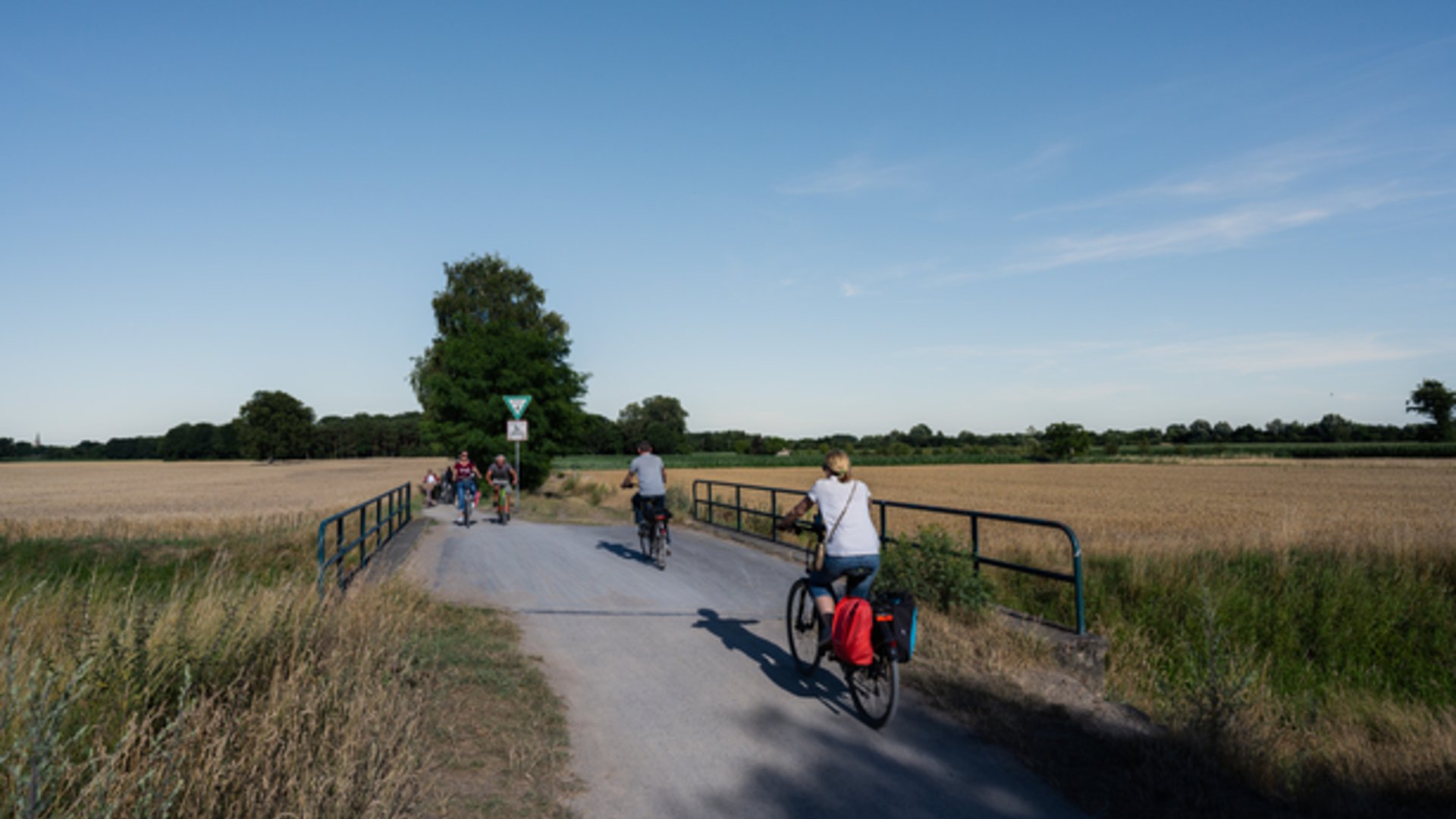 Ihr perfektes Fahrradhotel im Münsterland Fahrradfahrer auf Landstraße zwischen Feldern unter blauem Himmel