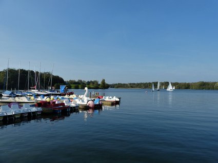 Hotel Seeblick in Gronau Tretboote am See mit Segelbooten und bewaldetem Ufer im Hintergrund