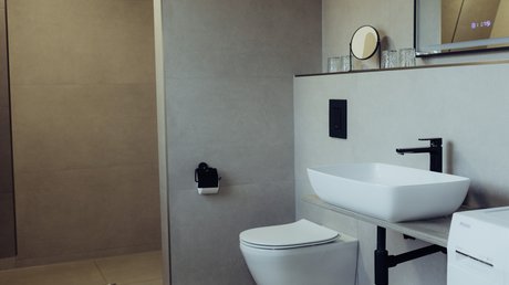 Appartementhotel Seeblick: Bildergalerie Moderne badkamer met douche, toilet, wastafel en wasmachine