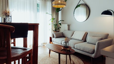 Appartementhotel Seeblick: Bildergalerie Gemütliches Wohnzimmer mit grauem Sofa, Holzstuhl und Pflanzen