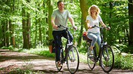 Seeblick: holidays by the lake in North Rhine-Westphalia Happy couple cycling on forest path in sunny weather