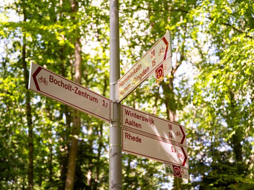 Ihr perfektes Fahrradhotel im Münsterland Fahrradwegweiser mit Zielen und Entfernungen im Wald