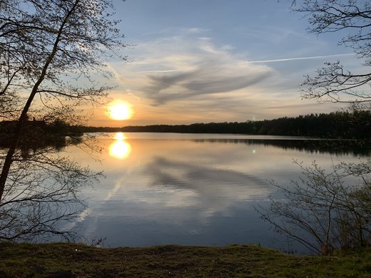 Hotel Gronau: Seeblick Sunset over calm lake with reflections and trees in the foreground