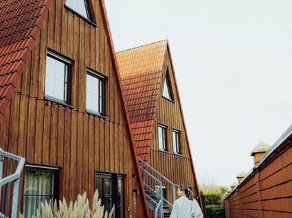 Holidays in an apartment with a lake view Woman with suitcase and dog between wood-clad buildings