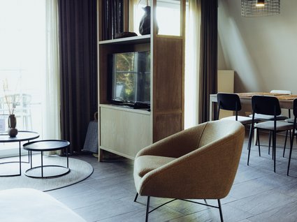 Aparthotel am See in Gronau Modernes Wohnzimmer mit Sessel, Fernseher, Esstisch und raumhohem Regal